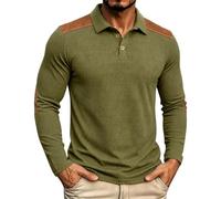 Generisch Chemise en tricot à manches longues pour homme avec épaules contrastées et col à revers plaqué, 2 boutons, haut texturé décontracté pour le printemps et avec fermeture éclair, Vert armée