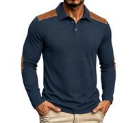 Generisch Chemise en tricot à manches longues pour homme avec épaules contrastées et col à revers plaqué, 2 boutons, haut texturé décontracté pour le printemps et avec fermeture éclair, bleu, XXL