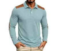 Generisch Chemise en tricot à manches longues pour homme avec épaules contrastées et col à revers plaqué, 2 boutons, haut texturé décontracté pour le printemps et avec fermeture éclair, bleu clair, M