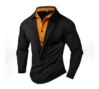 Generisch Chemise en tricot à manches longues pour homme - Finition élégante - Bicolore - Sans capuche - Pull d'hiver avec col - Vintage - T-shirt à manches longues - Polo - Coupe droite - Chemise