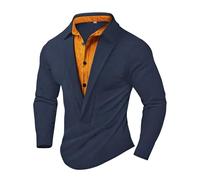 Generisch Chemise en tricot à manches longues pour homme - Finition élégante - Bicolore - Sans capuche - Pull d'hiver avec col - Vintage - T-shirt à manches longues - Polo - Coupe droite - Chemise