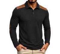 Generisch Chemise en tricot pour homme à manches longues, épaules contrastées et col à revers plaqué, 2 boutons, haut texturé décontracté pour le printemps et avec fermeture éclair, Noir , L