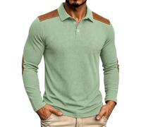 Generisch Chemise en tricot pour homme à manches longues, épaules contrastées et col à revers plaqué, 2 boutons, haut texturé décontracté pour le printemps et avec fermeture éclair, vert, XL