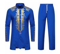 Generisch Chemise Kurta pour homme Middle East Thobe Col rond Tunique Coupe normale Décontractée Longue Chemise Robe de fête Brodée Art Soie Robe de mariage Africain Dashiki Caftan indien, O bleu., L