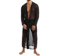 Generisch Chemise longue transparente pour homme - Cardigan sexy décontracté - Vêtement de nuit - Chemise sexy en fourrure, Noir , XXL
