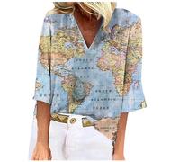 Generisch Chemise pour femme avec boutons à revers, imprimé carte du monde, demi-manches, ample et décontracté, haut à paillettes, bleu, XL