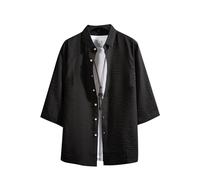 Generisch Chemise unie à manches courtes pour homme en coton et lin avec manches de sept minutes, chemise ample pour adolescent grande taille pour homme à fleurs, Noir , 7XL