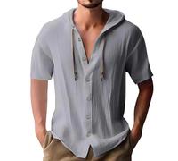Generisch Chemises à capuche en coton pour homme - Couleur unie - Haut à capuche - Boutonnière - Chemise à manches courtes - Pull fin - Sweat de baseball - Confortable - Respirant, gris, XL