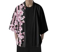 Generisch Chemises à carreaux pour hommes printemps été fleurs de cerisier cool cardigan à manches mi-longues avec imprimé intégral chemise sans col chemise antique chemises manchettes hommes, Rose, M