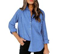 Generisch Chemises boutonnées pour femme, chemise rayée, manches longues, avec col, rayures fines, chemisiers, chemisiers, gilet, bleu, XXL