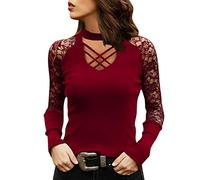 Generisch Chemises fluo avec imprimé ample col en V haut chemisier dentelle sexy manches longues élégante chemise mode creuse femme robe en tricot manches longues, Bordeaux, M