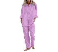 Generisch Chemisier 2 pièces en mousseline pour femme - Chemise et jambes longues larges - Pantalon décontracté - Col à revers - Combinaison de maison - Couleur unie - Manches longues - Ensemble de