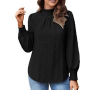 Generisch Chemisier à manches longues pour femme avec col montant smocké et broderie perforée - Chemisier élégant avec manches ballon - Haut romantique de style victorien, Style_o02 Noir, S