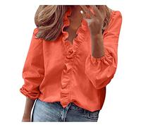 Generisch Chemisier blanc pour femme - Manches longues - Volants - T-shirt avec imprimé - Chemise décontractée - Col en V - Patchwork - Chemise de plage - Coupe ample - Couleur unie - Manches longues
