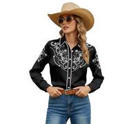 Generisch Chemisier de cowboy western pour femme avec broderie, t-shirt rétro à manches longues avec col et boutonnière, chemise de campagne au style vintage, haut élégant pour mariage, festival et