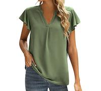 Generisch Chemisier d'été décontracté en mousseline de soie pour femme avec col en V et fentes latérales comme tunique ample à manches courtes pour les excursions d'une journée (vert armée, L)