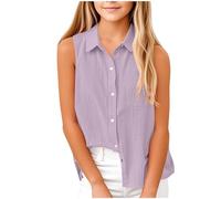 Generisch Chemisier d'été sans manches pour fille avec col rabattable classique en tissu léger pour les chaudes journées d'école et le pique-nique familial du dimanche