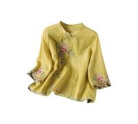 Generisch Chemisier d'été style ethnique avec broderie, boutonnière oblique et boutons à bascule en lin pour femme à manches 3/4, jaune, XL