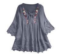 Generisch Chemisiers et tuniques pour femme Grande Taille Hauts Été Manches 3/4 Chemisier Chemise Vintage Rétro Dentelle Épissure Nœud Col en V Tunique Tops Casual Ample Polyvalent Hauts, gris, 3XL