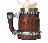 Generisch Chope à bière en bois - Tasse à thé en forme de seau de 600 ml - Chope à bière rétro - Tasse à café de voyage - Double paroi en acier inoxydable - Pour lait, café, bière, whisky