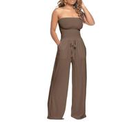 Generisch Combinaison bandeau pour femme - Élégante - Longue - Couleur unie - String - Combinaison ample et décontractée - Combinaison d'été sans manches - Pantalon large, marron, XL