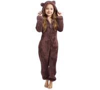 Generisch Combinaison de jeu en polaire pour fille avec capuche et oreilles, pyjama d'hiver doux et chaud, costume de jeu pour tout-petits, marron, 3-4 ans