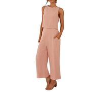 Generisch Combinaison de loisirs pour femme en coton et lin - Deux pièces - Débardeur et pantalon - 2 pièces - Pour affaires - Décontracté - Léger - Coupe large plissée, Rose, XXL