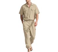 Generisch Combinaison d'été 2 pièces pour homme - En coton et lin - Pour tous les jours et les affaires - Couleur unie - Décontracté - Chemise à manches courtes et pantalon en lin - Combinaison de