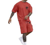 Generisch Combinaison d'été pour homme avec imprimé Jésus Croix Christ - Col rond - Manches courtes - Short cargo - Tenue de loisirs - Décontracté - Confortable - Deux pièces - Coupe droite - Tenue de