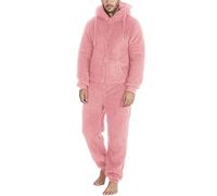 Generisch Combinaison d'hiver chaude pour homme - Pyjama en polaire Teddy - Une pièce - Douillette - Douce - Longue couleur unie - Avec capuche - Survêtement en peluche, O rose., XXXL