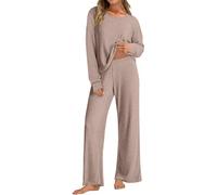 Generisch Combinaison d'intérieur 2 pièces élégante pour femme - Combinaison de loisirs pour femme - Long côtelé - Couleur unie - Coupe ample - Confortable - En tricot - Jogging, marron, XX-Large