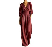 Generisch Combinaison élégante grande taille avec manches longues, col en V, cintrée, fluide, unie, pour les occasions festives, les vacances, rouge, L