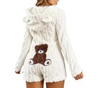 Generisch Combinaison en polaire pour femme avec capuche - Pyjama léger - Vêtements d'intérieur coréens - Joli pyjama respirant - Vêtements de maison - Vêtement de nuit - Couleur unie, O blanc., L