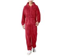 Generisch Combinaison en polaire pour homme - Combinaison une pièce - Pyjama moelleux - Pour l'hiver - Chaud - Peluche douillette - Combinaison d'intérieur longue - Pyjama doux avec capuche, O rouge