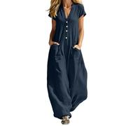 Generisch Combinaison longue pour femme - Jambes larges - Combinaison sans manches - Col en V - Combinaison ample - Combinaison d'été décontractée - Avec poche - Combinaison en lin unie, Marine, M
