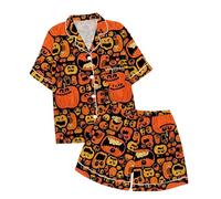 Generisch Combinaison pour enfants 128 - Ensemble pyjama décontracté pour enfants avec imprimé d'Halloween et col boutonné - Manches courtes - Haut et short - Peignoir pour enfants moelleux, bleu, 4-5