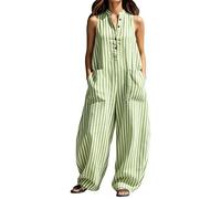 Generisch Combinaison rayée pour femme - Barboteuse sans manches - Combinaison boutonnée sur le devant - Combinaison vintage - Jambes larges - Long - Surdimensionné - Pantalon de loisirs baggy avec