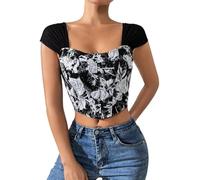 Generisch Corsage ventral pour femme - Crop Top avec imprimé floral - Sans manches - Camisole d'été - Bustier à lanières - Pour l'extérieur, le cosplay, la scène, Noir , S