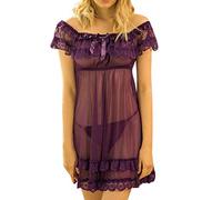 Generisch Cosplay Femme Dentelle Satin - Chemise de nuit Pyjama Pyjama Lingerie avec porte-jarretelles, lilas, XXL