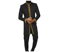 Generisch Costume 54 Homme Costume Pantalon Brodé Col Rond Manches Longues Couleur Unie Deux Pièces Social Africain National Vêtements Hommes Style National Avec Chauffage Homme, Noir , XXL