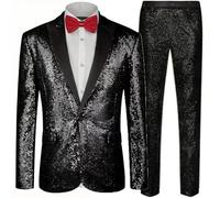 Generisch Costume à paillettes pour homme - 2 pièces - Disco - Veste et pantalon brillants - Avec boule disco - Costume de carnaval - Costume des années 70 et 80, Noir , 3XL