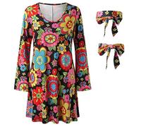 Generisch Costume Abba pour femme pour fête à thème, cosplay, carnaval, tenue disco, rétro, hippie des années 70, costume hippie des années 60, 70, avec accessoires hippie, Aa2 noir, XL