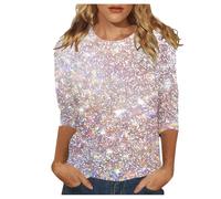 Generisch Costume de carnaval - Haut imprimé à paillettes scintillantes pour femme - Manches 3/4 - Chemisier de festival pour carnaval et fête, or, 3XL