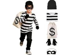 Generisch Costume de carnaval pour enfant - Costume de voleur de banque - Tenue avec haut rayé, bonnet, gants, masque pour les yeux - Sac - Costume pour enfant fille et garçon - Costume de carnaval