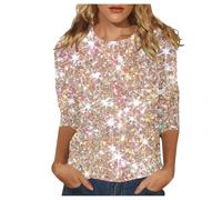 Generisch Costume de carnaval pour femme - Haut imprimé à paillettes scintillantes pour femme - Manches 3/4 - Chemisier de festival pour carnaval et fête, or, 3XL