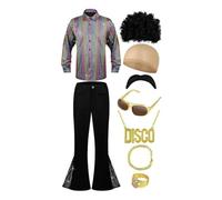 Generisch Costume de carnaval pour homme - Tenue vintage hippie - 8 pièces - Perruque - Chemise - Pantalon évasé - Lunettes - Collier - Boule lumineuse - Filet à cheveux - Disco - Fête à thème