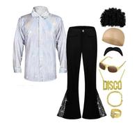 Generisch Costume de carnaval pour homme - Tenue vintage hippie - 8 pièces - Perruque - Chemise - Pantalon évasé - Lunettes - Collier - Boule lumineuse - Filet à cheveux - Disco - Fête à thème