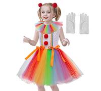 Generisch Costume de clown pour enfant et fille, cosplay, avec perruque de clown arc-en-, nez de clown, gants, costume d'Halloween et de carnaval pour fille, équipement de fête cosplay