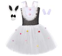 Generisch Costume de cosplay de Pâques pour fille avec oreilles de lapin - Bandeau - Robe pour de jolies performances sur scène - Jeu de rôle - Équipement de fête en cinq pièces (blanc, 8-9 ans)