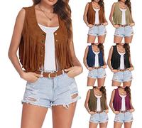 Generisch Costume de cowgirl pour femme en daim synthétique - Gilet sans manches - Gilet western - Veste avec franges - Hippie des années 70 - Costume de carnaval - Style bohème rétro - Gilet à